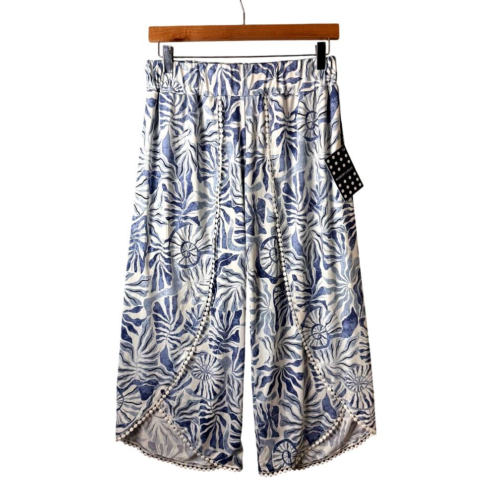 NWT Robert Louis tropical leaf print wide-leg pants split front pom-pom Boho